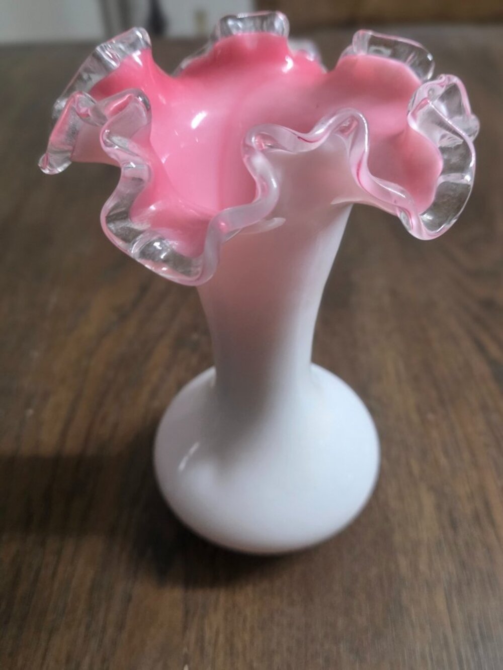 The Fenton Peach Crest Style Pink White Glass Ruffled Rim Vase
